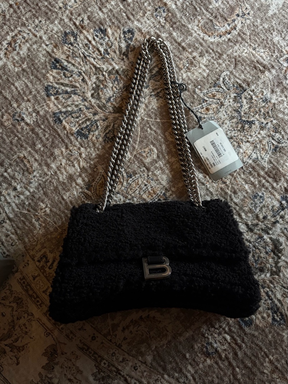 Balenciaga Black Shearling B-Logo Chain Shoulder Bag